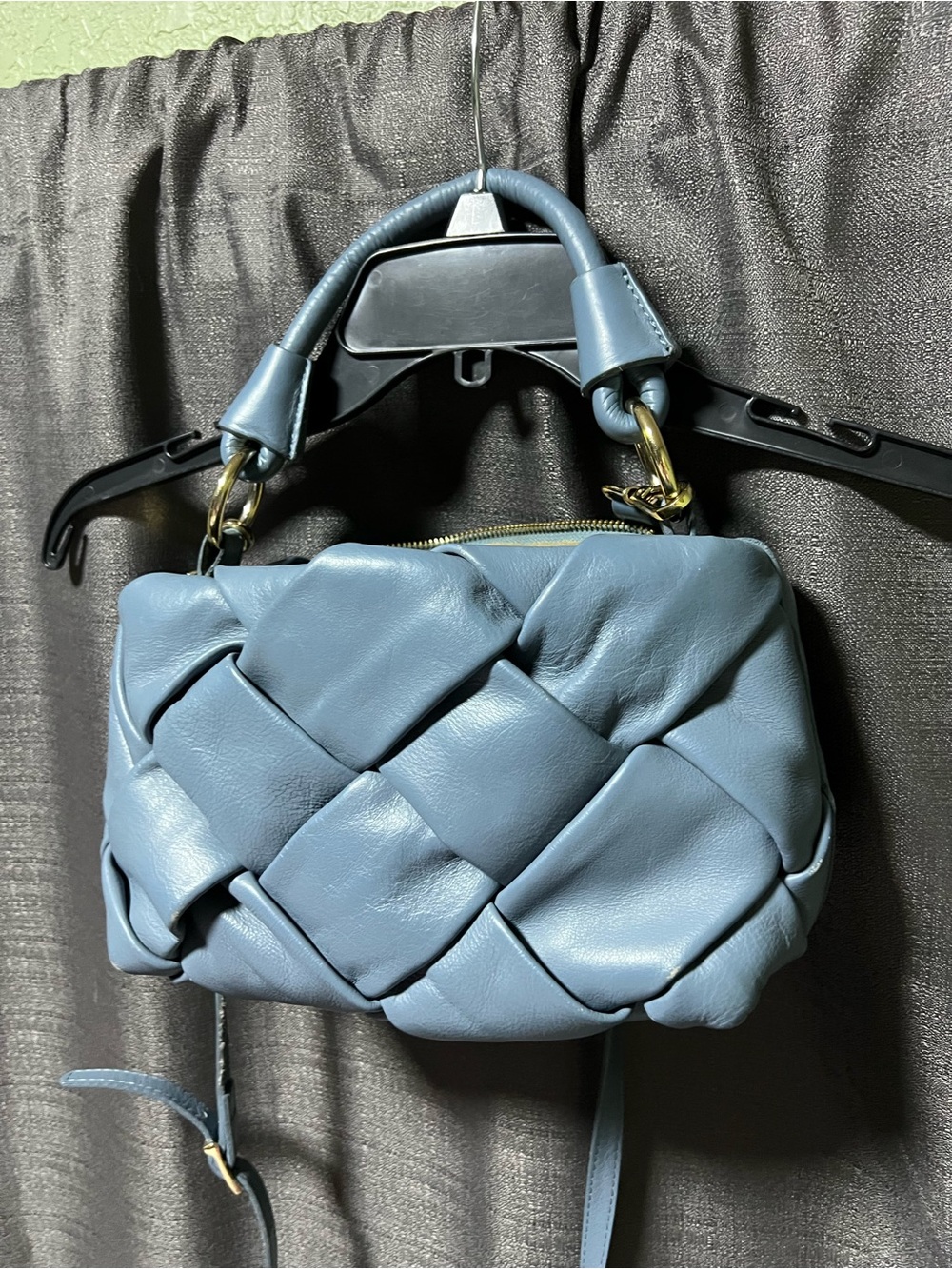 Valentina Fiore Nappa Leather Slate Blue Basket Weave Shoulder Handbag Purse